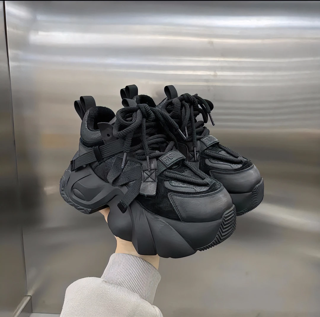 2023爆款洋气纯皮潮流简约百搭时尚松糕厚底小个子复古休闲老爹鞋