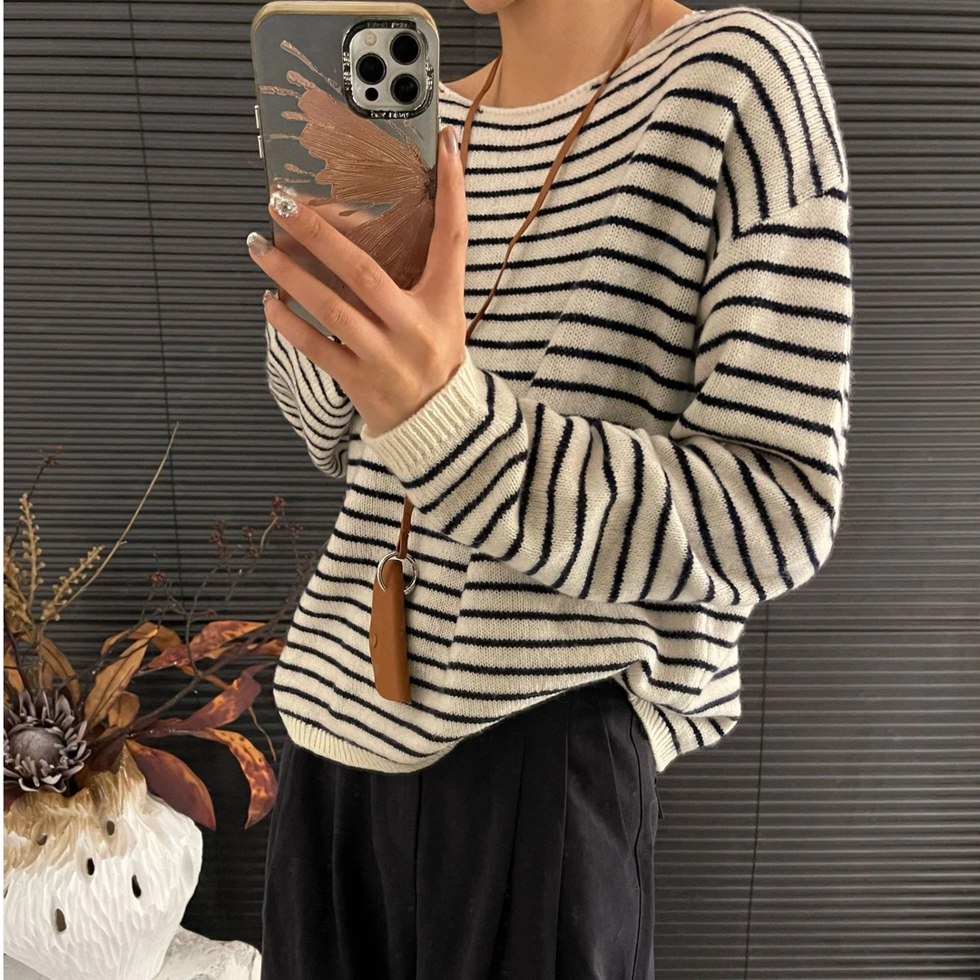 长袖套头百搭宽松条纹打底衫~通用链接~