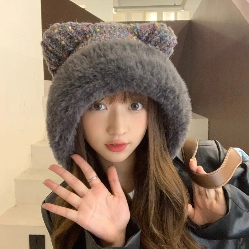 韩版可爱冬季帽子女百搭毛球针织毛线帽加绒保暖护耳帽防寒雷锋帽