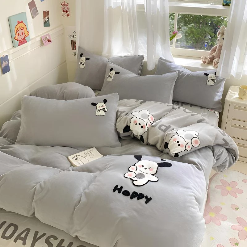 A类-卡通牛奶绒四件套毛巾绣印花秋冬可爱双面可用学生宿舍保暖三
