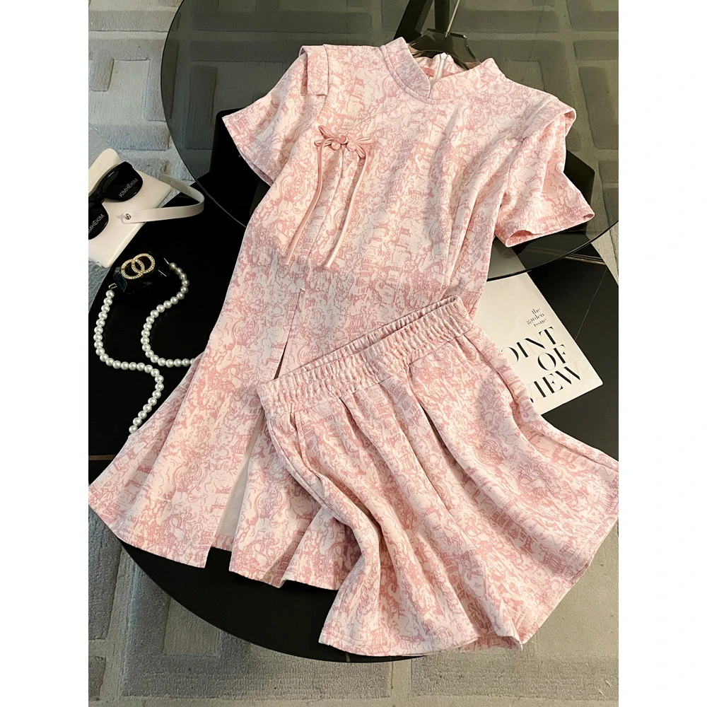 高端精致新中式国风时尚套装女夏季改良旗袍中长款上衣短裤两件套