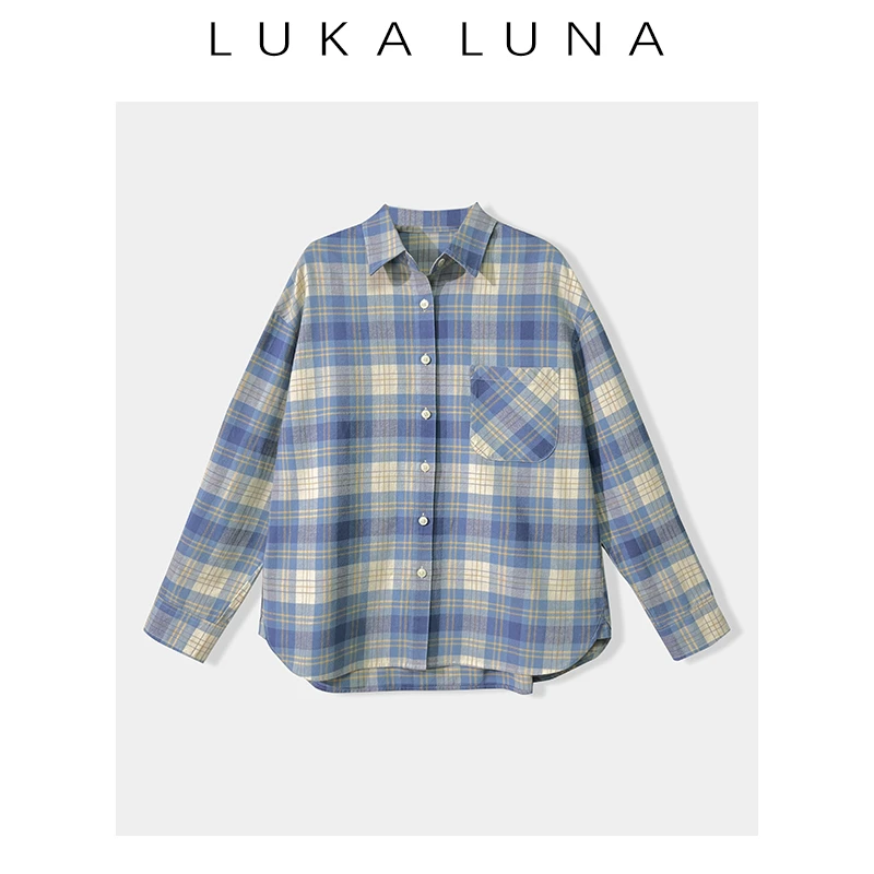 LUKA LUNA 新款文艺百搭宽松磨毛色织格小落肩翻领衬衫-233C011