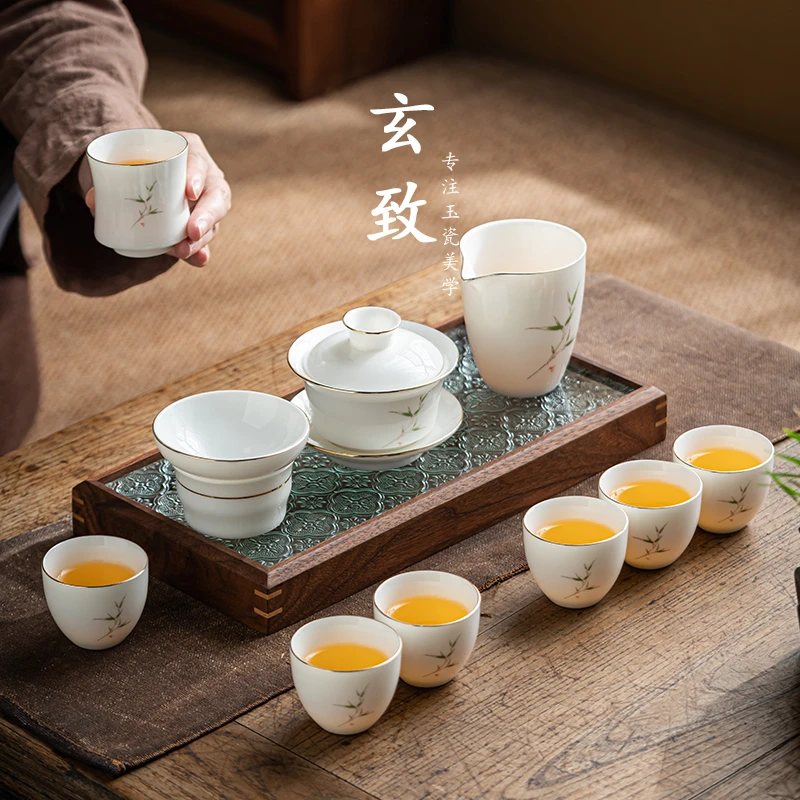 羊脂白玉瓷茶具套装【竹报平安-043】描金家用大号功夫整套陶瓷盖碗
