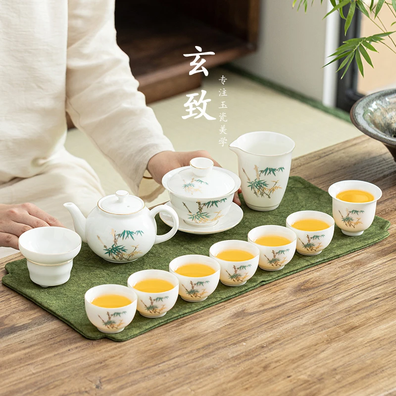 羊脂玉金竹报喜陶瓷茶具套装功夫泡茶具手工描金家用送礼简约禅意