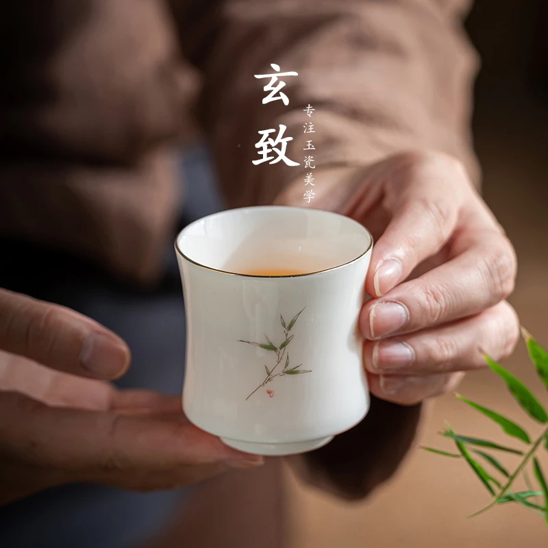 高档羊脂白玉瓷竹报平安主人杯手工描金陶瓷功夫茶具个人杯品茗杯