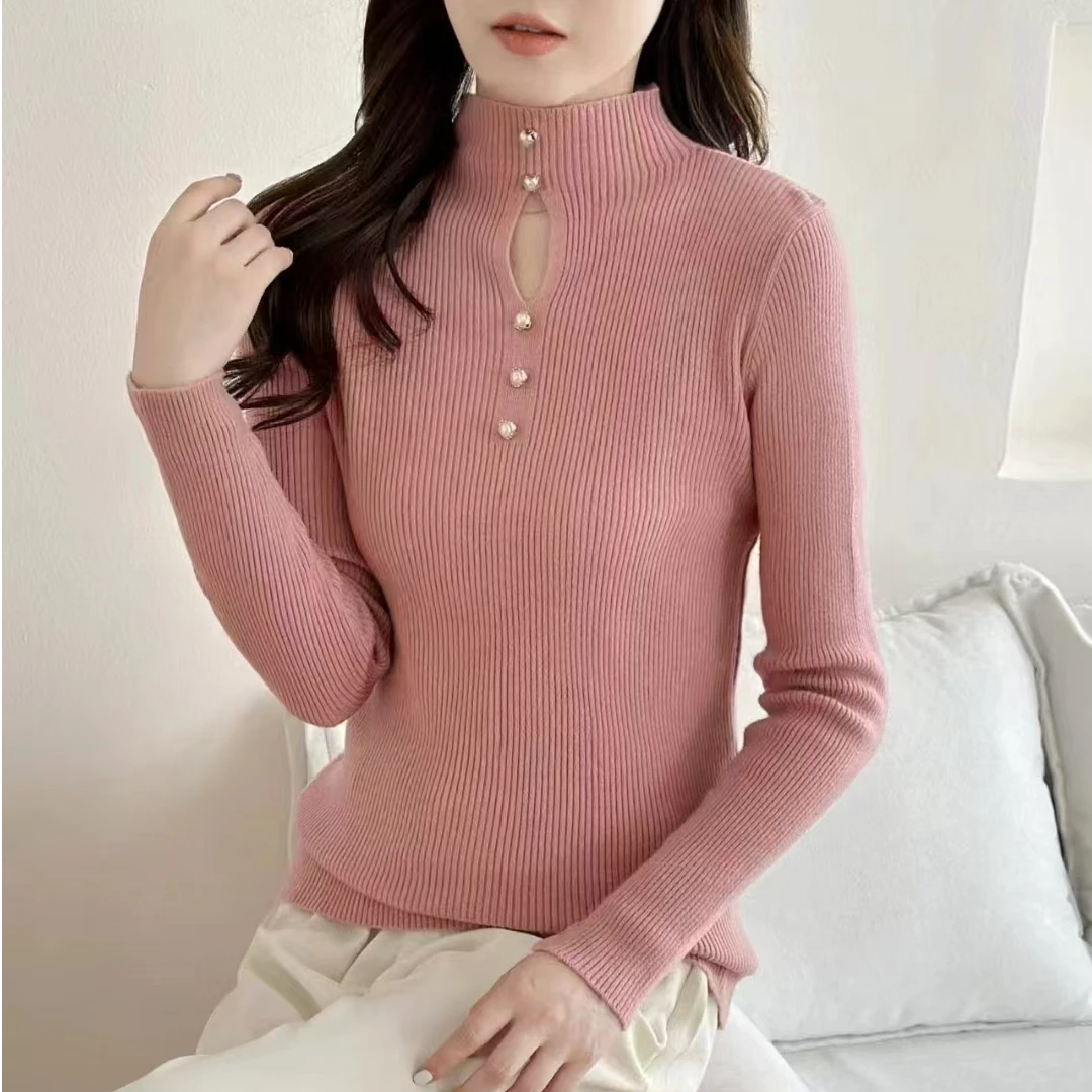 3686镂空钉珠半高领女内搭秋冬高级感名媛上衣短款紧身针织打底衫