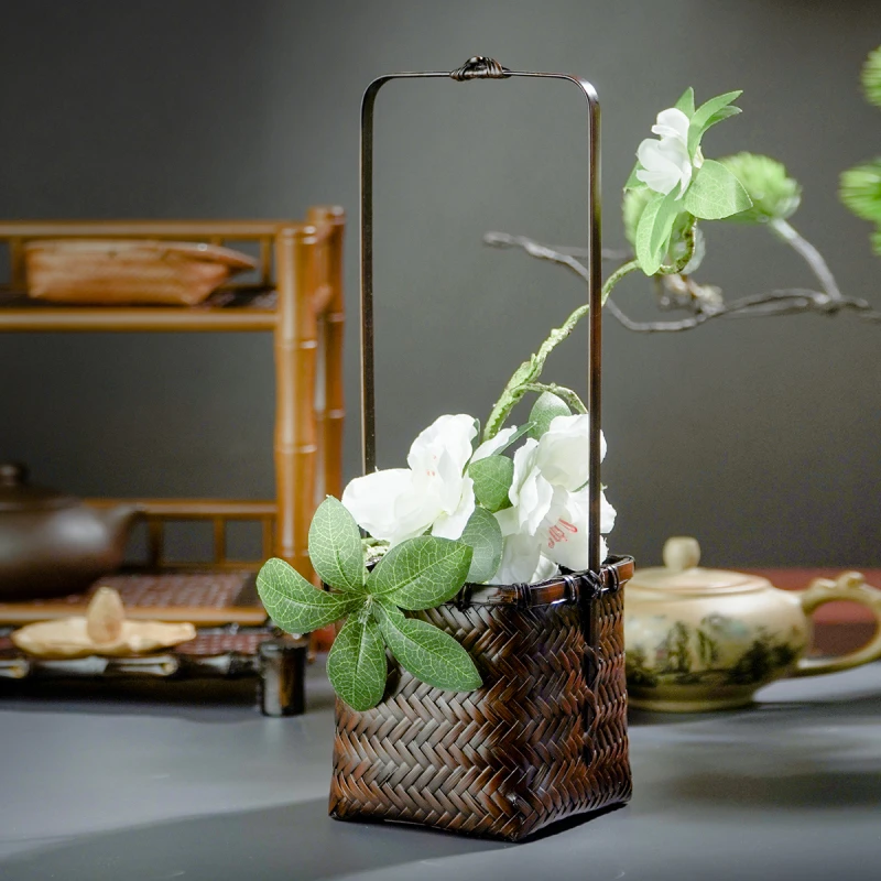 HQ009(小邱师傅)手工精编花器插花花艺高提手大漆工艺