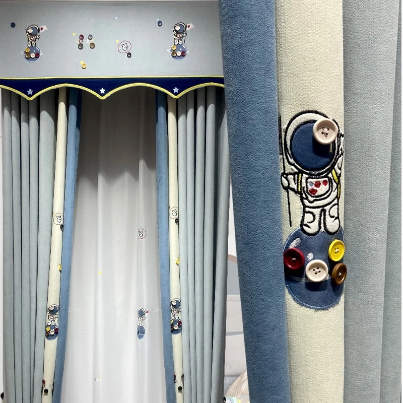 现代简约风格窗帘宇航员卡通图案男孩女孩卧室雪尼尔面料儿童房