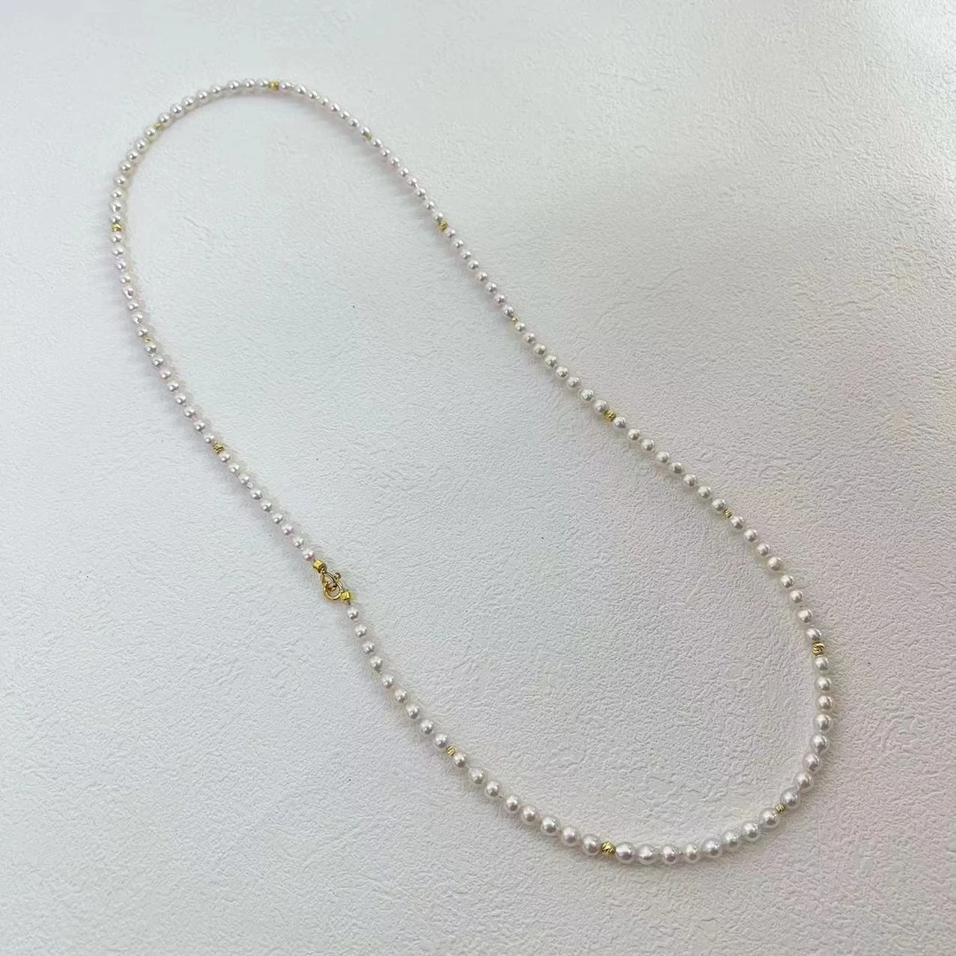 阿古屋珍珠毛衣链18K金 双夹扣海水珍珠3mm左右 60cm【满串版】