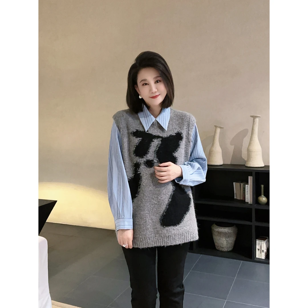 微胖女装【艺术画廊】抽象小狗马甲秋冬新款时尚百搭宽松马夹2335