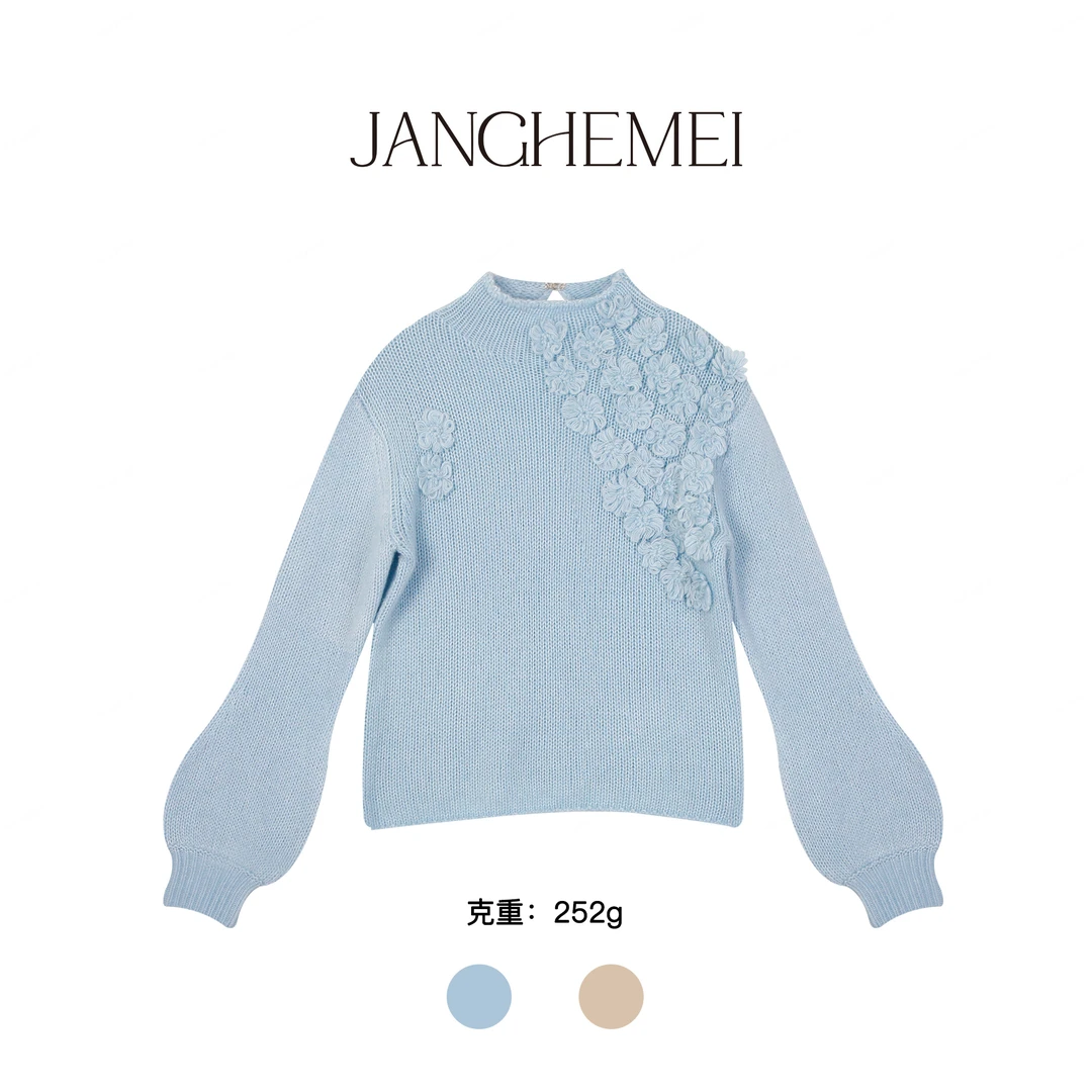 JANGHEMEI【肩上有花】山羊绒绵羊毛莱赛尔手工钩花毛衣M27459M44