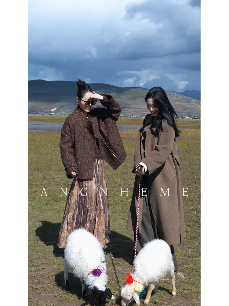 JANGHEMEI【迷彩】红人上新绵羊毛小立领宽松毛呢外套 N26837M44