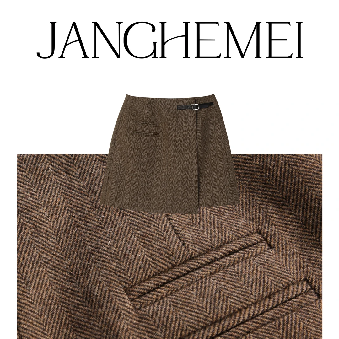 JANGHEMEI【A字半身裙】不规则下摆绵羊毛短裙 B10478M34