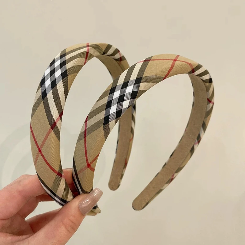 日韩精品发箍英伦卡其色格子B经典宽版海绵发卡外出百搭发饰头箍