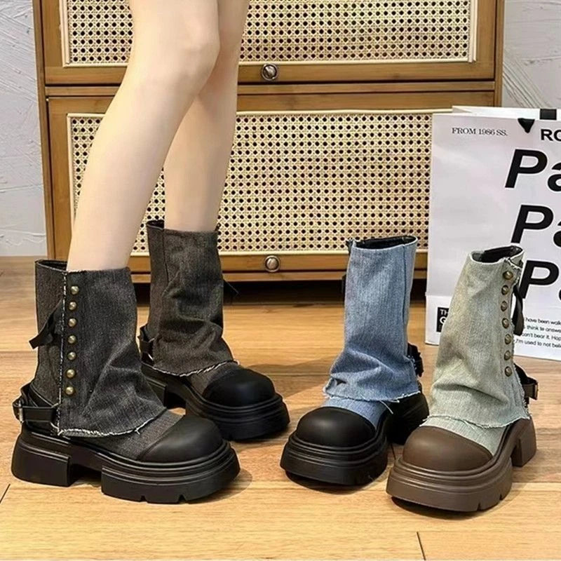 设计感小众牛仔布裤管靴女2023年秋季新款中筒烟筒短靴厚底马丁靴