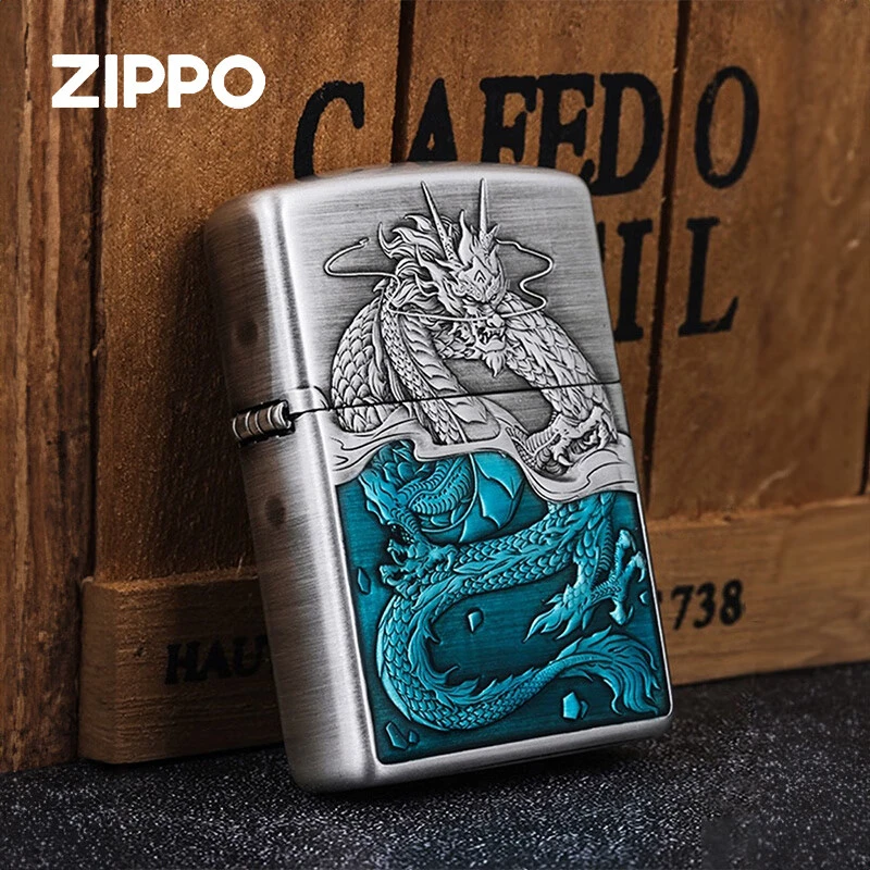 ZIPPO打火机【迈境优选】熏银浮雕蛟龙入海 复古盔甲机男士DY9810FD