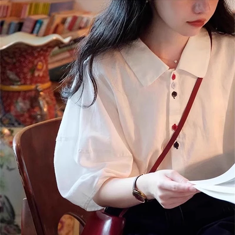 白色短袖衬衫女夏季2024年新款小个子衬衣别致漂亮小衫泡泡袖上衣