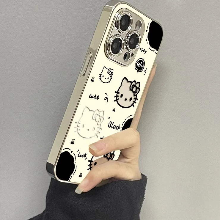 镂空kt猫适用苹果16ProMax手机壳iPhone华为OPPO 小米vivo电镀壳