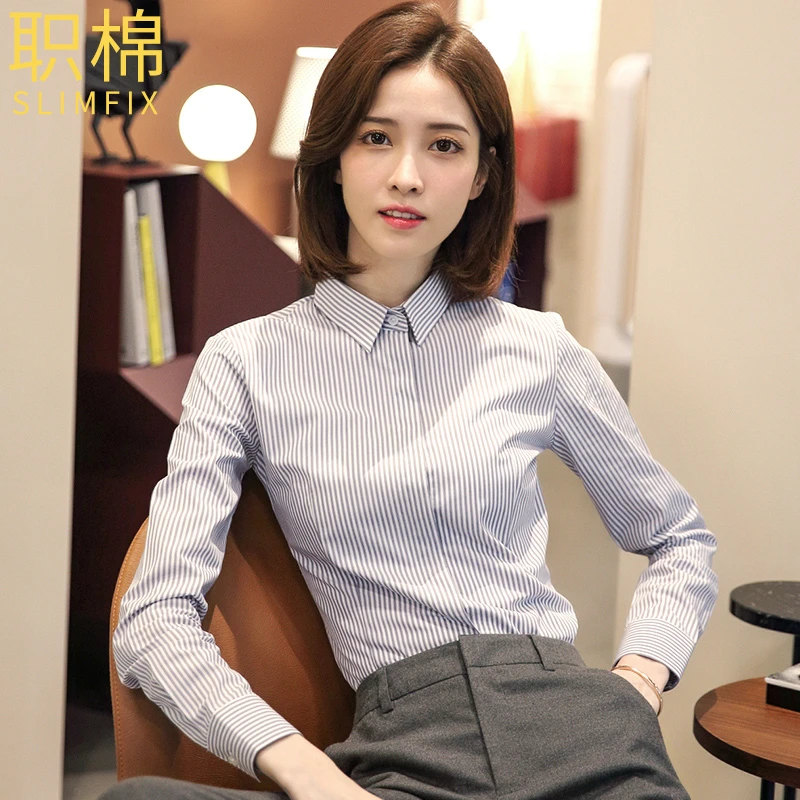 职棉早春设计师撞色条纹衬衫立领方领职场商务通勤上班长袖衬衣