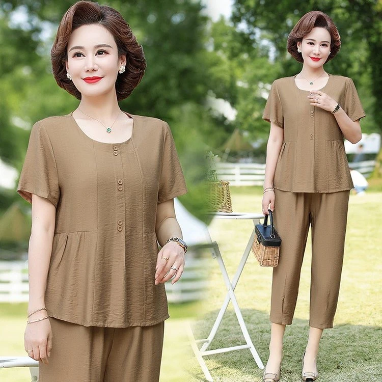 新款中老年妈妈夏装休闲短袖上衣两件套装#夏季+裤子洋气减龄百搭