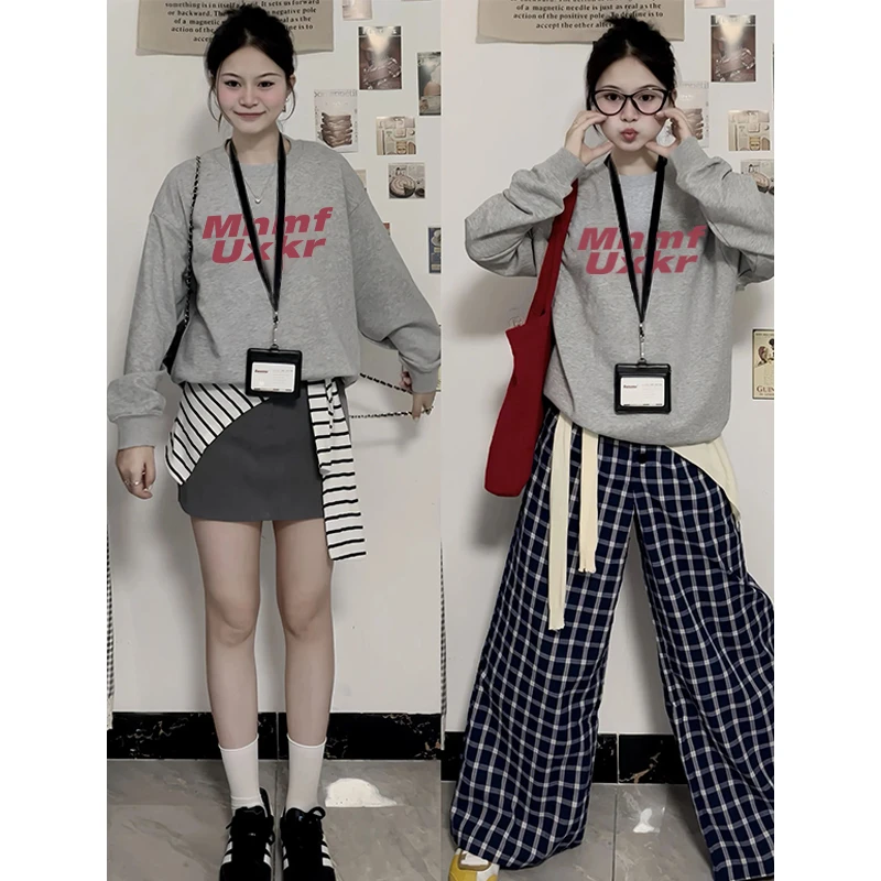 学院风oversize圆领无帽卫衣女早秋款新款百搭长袖上衣#T012510