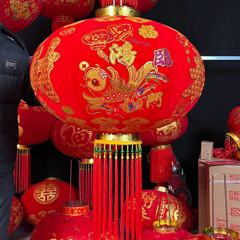 鸿福临门灯笼鱼款大红灯笼别墅阳台大门口灯笼高档满花植绒灯笼