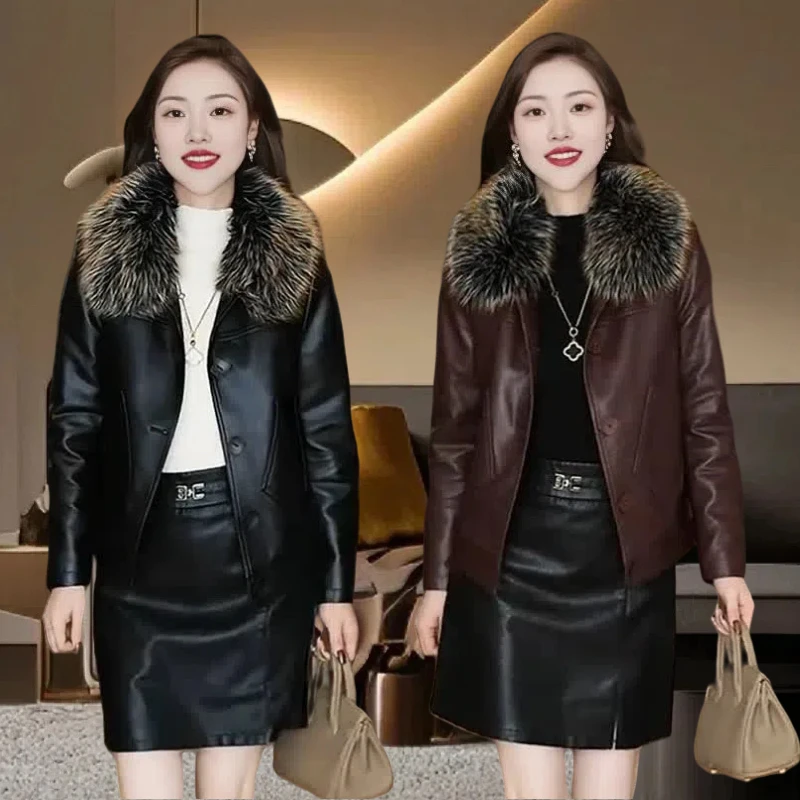 秋冬季新款时尚翻领洋气百搭显瘦新款女士韩版休闲皮外套皮衣