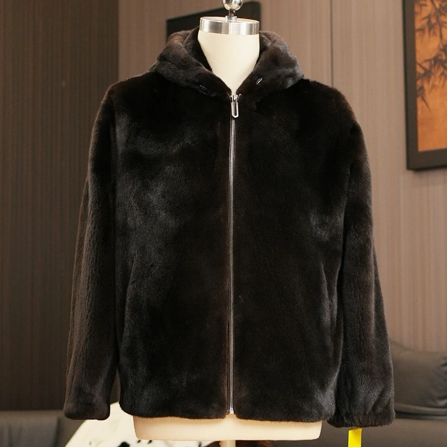 伯莱奴宝嘉美原色进口貂皮大衣男士水貂整貂外套皮夹克皮草冬连帽