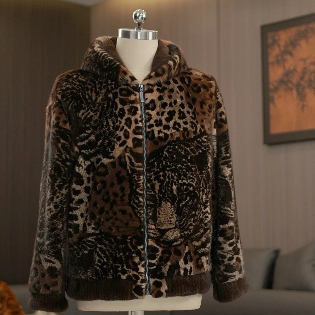 伯莱奴貂皮大衣男士整貂进口水貂晕染豹纹深连帽皮草外套