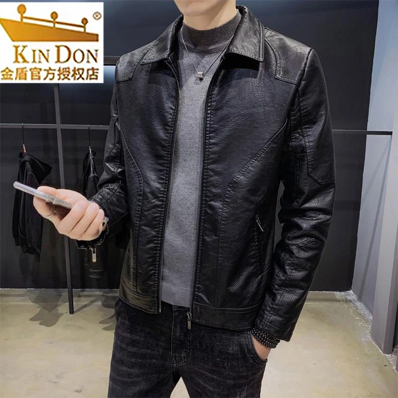 金盾男士外套春秋款潮流翻领夹克时尚帅气拉链外套青年机车皮夹克