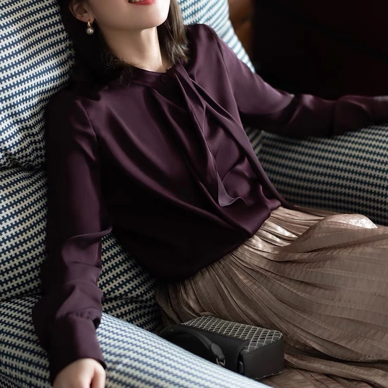 SS7534葡萄酒红衬衫女蝴蝶结飘带上衣春气质小众衬衣