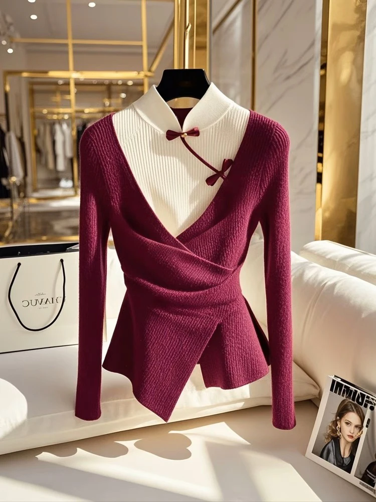 打底冬独特绝美小香风秋冬毛衣小众新中式安可拉红色假两件针织衫