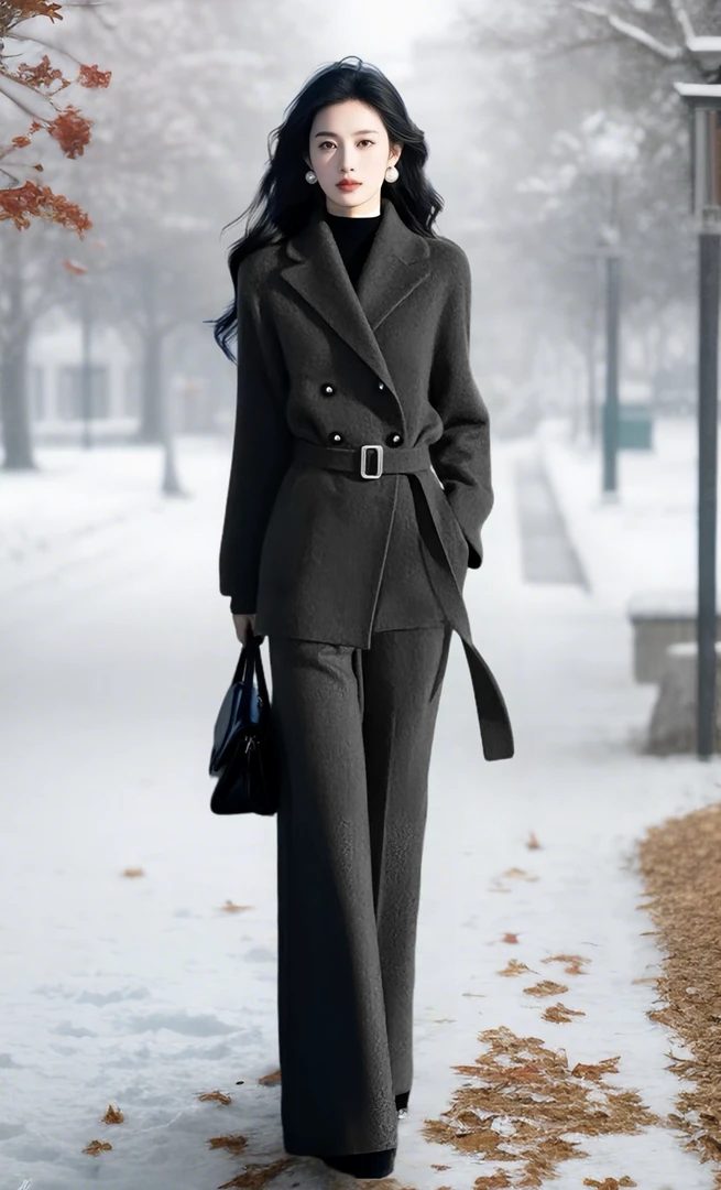 SS856秋冬一整套冬季显瘦气质小香风黑色针织上衣外套阔腿裤套装