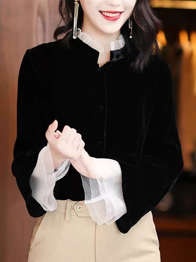 SS1832欧货洋气小衫高端丝绒衬衫女法式上衣气质立领衬衣