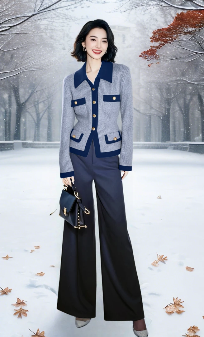 SS608一整套初冬穿搭高级感富家千金感气质小香风蓝色毛衣裤套装