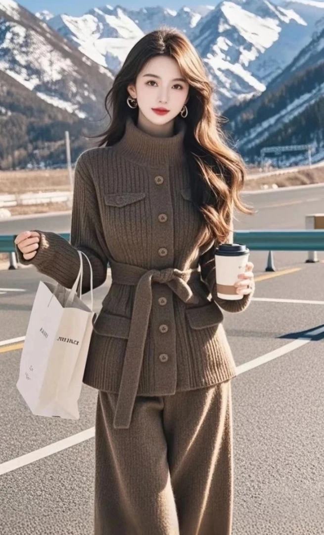 SS898冬季穿搭一整套时髦洋气气质咖色高领针织毛衣裤子套装女