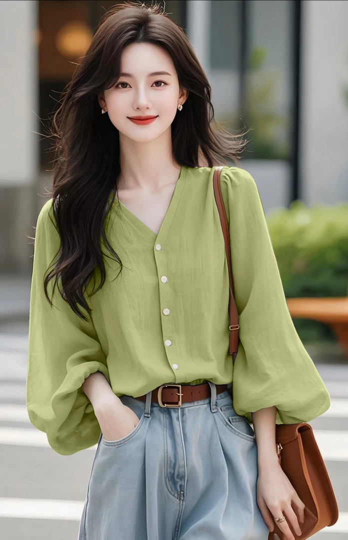 SS400法式气质独特漂亮绝美超好看芥末绿小上衣长袖衬衫女