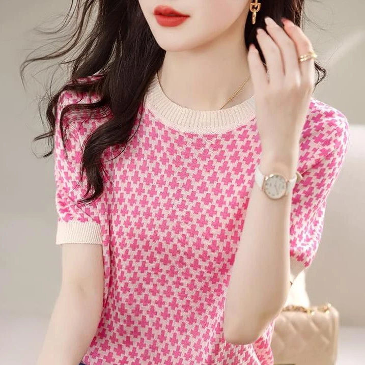 贝丽玛SS9472甜美显瘦夏款清新减龄上衣撞色针织短袖T恤女小衫