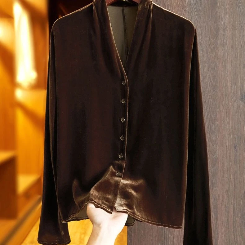 SS7399高贵洋气丝绒V领长袖小众丝绒上衣女衬衫中式复古高端