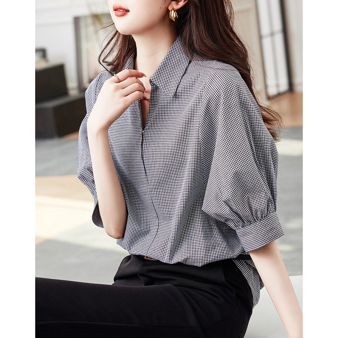 SS464纯棉格纹衬衫2024夏新翻领短袖衬衣女装新款上衣
