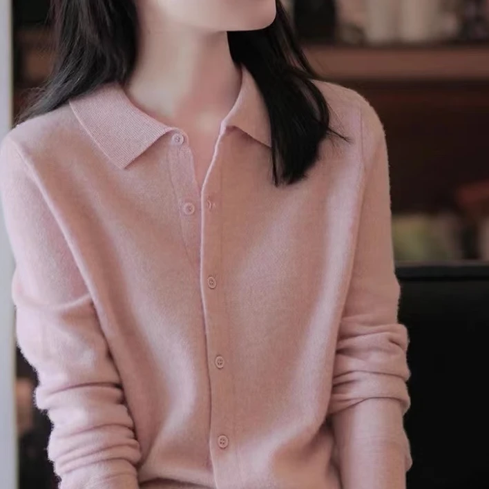 SS8008温柔优雅气质花粉翻领针织衫女新款洋气独特别致上衣