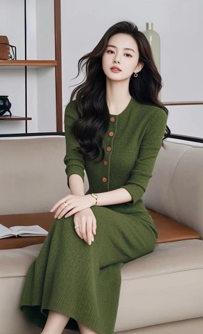 SS499气场强大御姐女神高级感上流社会超好看气质绿色针织连衣裙