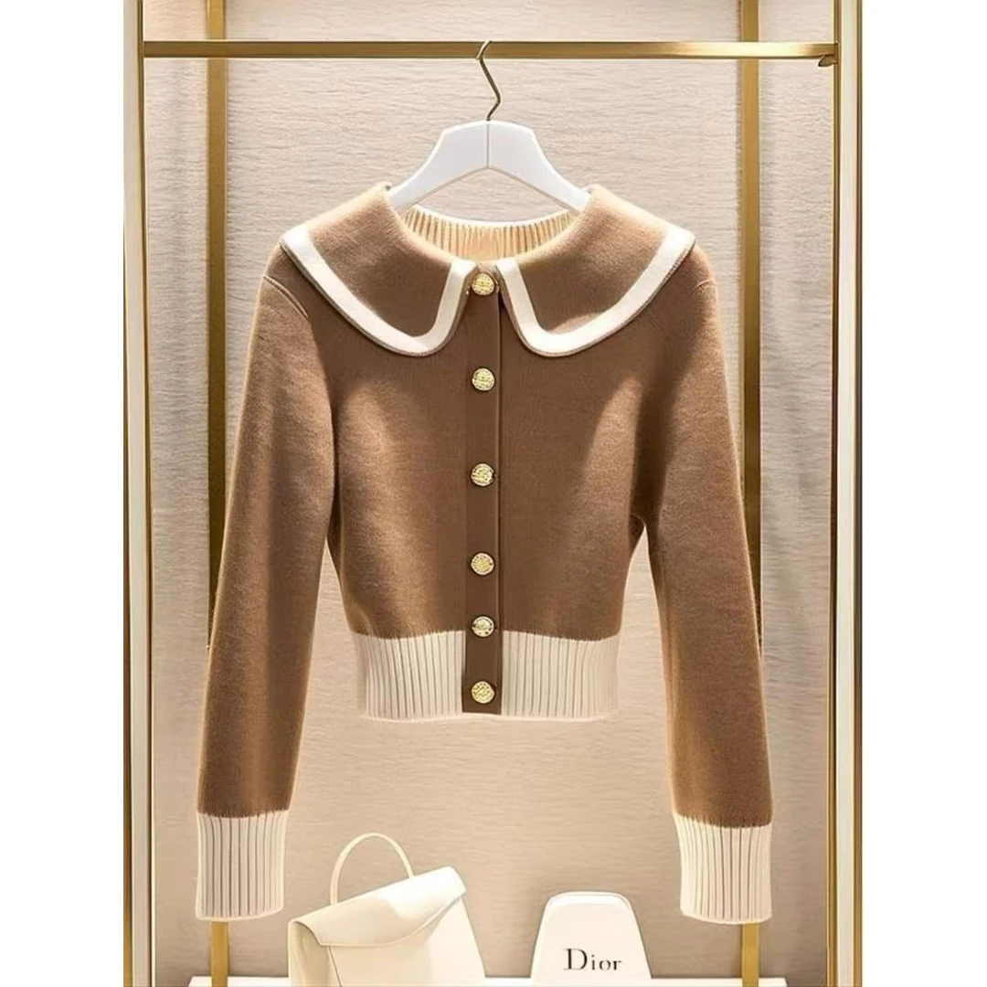 SS274冬季咖色毛衣短款外套女减龄洋气小个子加厚针织开衫上衣