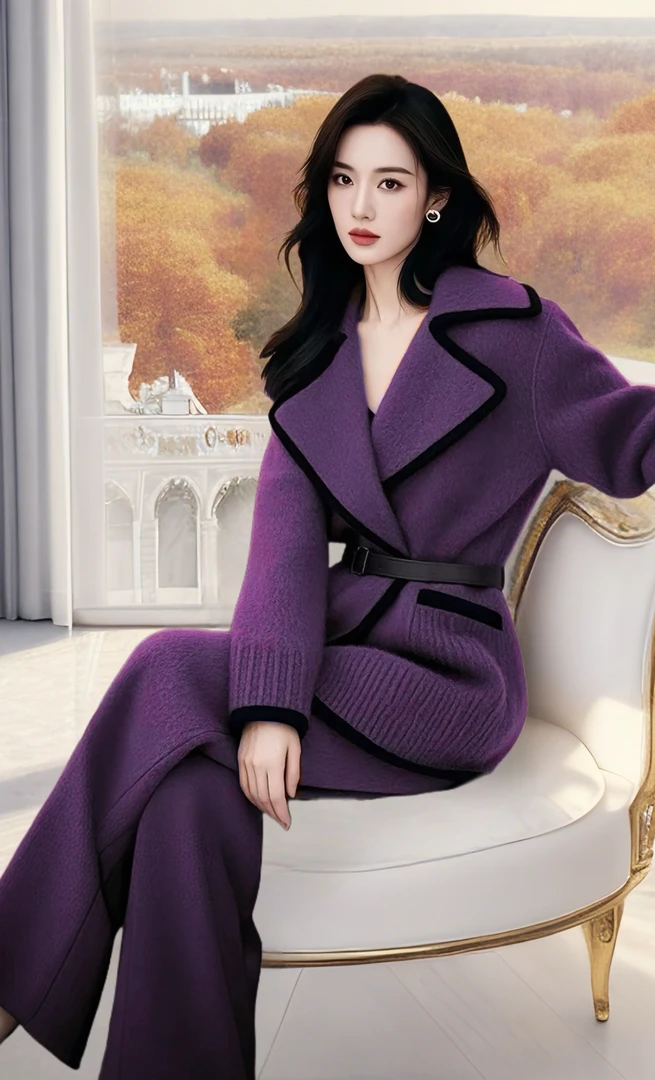 SS672气质一整套轻熟正式场合漂亮简约紫色针织外套裤子套装