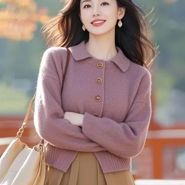 SS921秋新款气质通勤穿搭上衣轻熟法式小众粉紫色针织开衫外搭