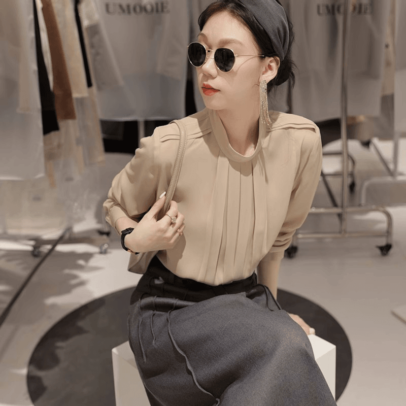 贝丽玛 SS9460高级感衬衫女春夏新款立领褶皱设计简约衬衣