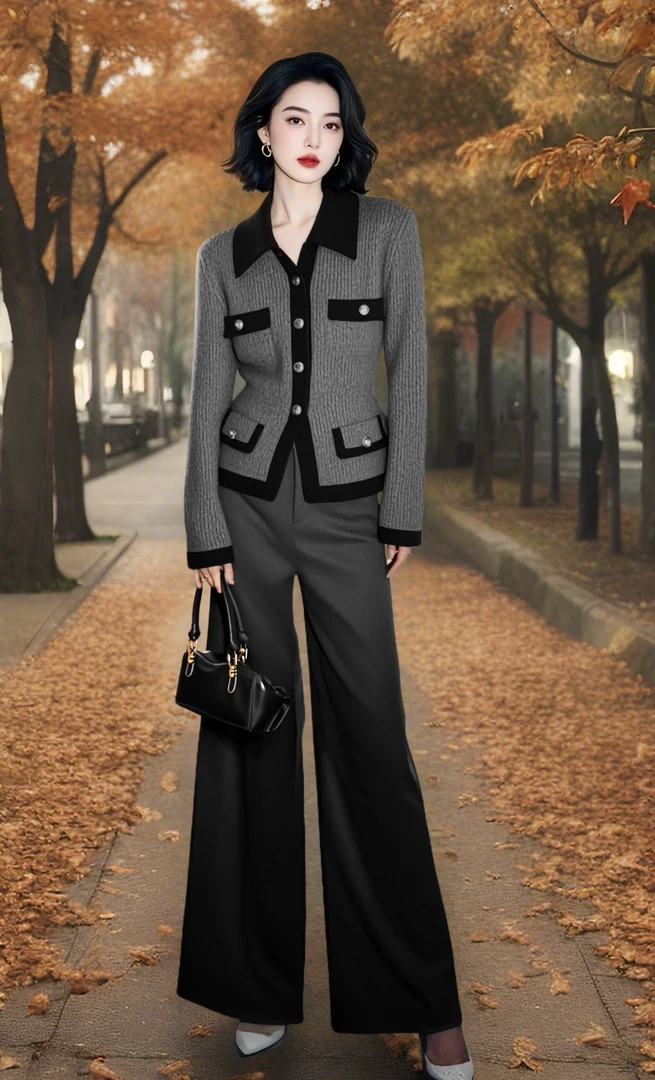 显瘦一整套针织穿搭高级感富家千金感气质小香风轻奢毛衣裤套装