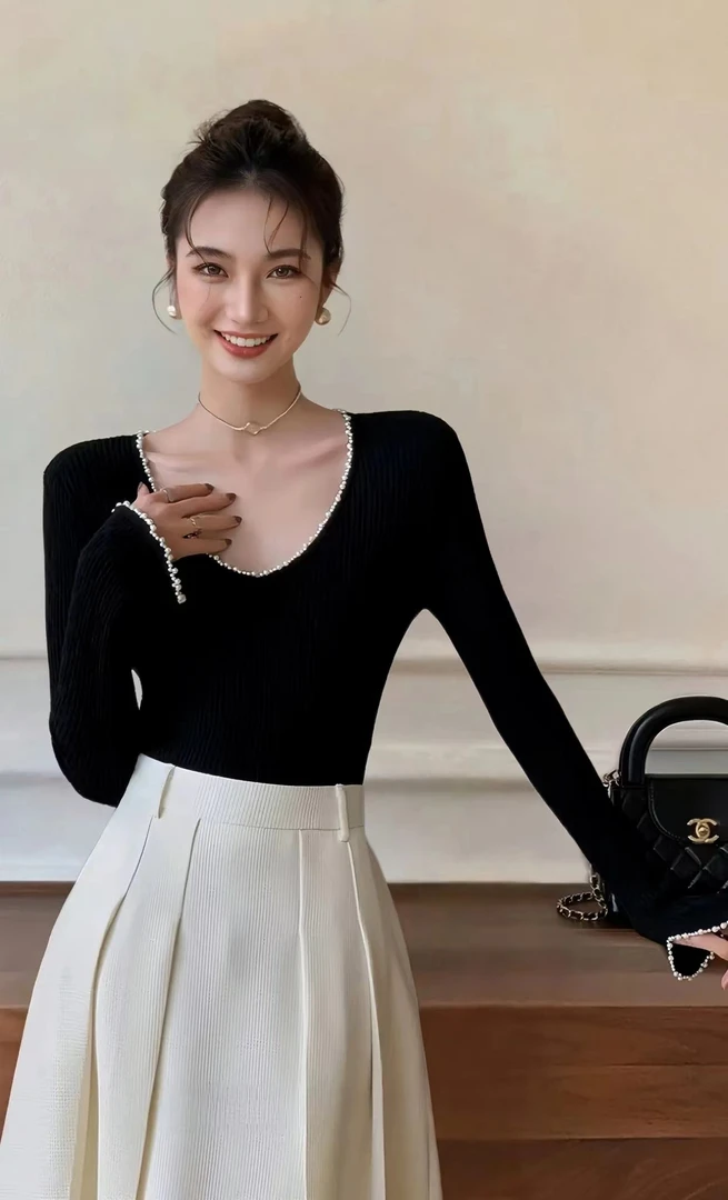 SS1501复古高级上衣设计感法式珍珠边修身长袖百搭针织衫女打底衫