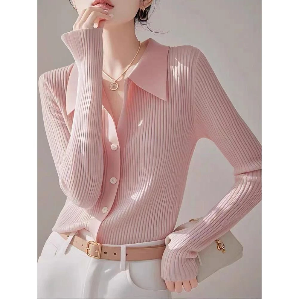 SS891高级感气质粉色针织衫女2024早秋今年流行超好看polo领上衣