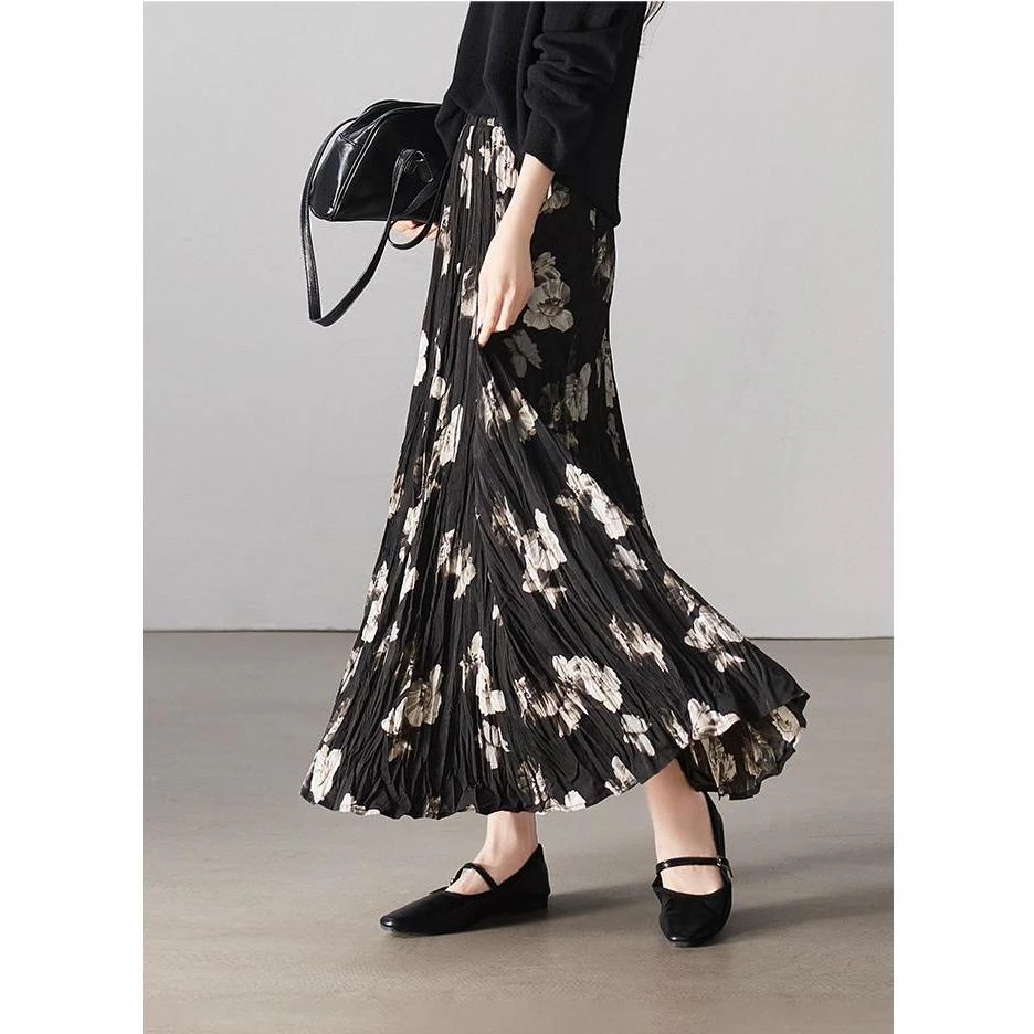 SS504秋季新款时尚高腰显瘦压绉长裙印花A字半身裙女裙子